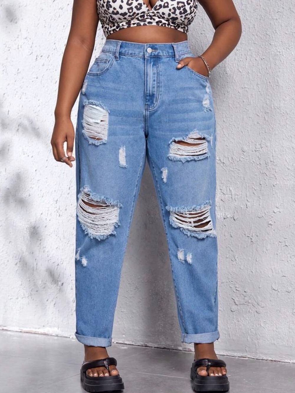 Plus High-Waist Ripped Light Blue Jeans